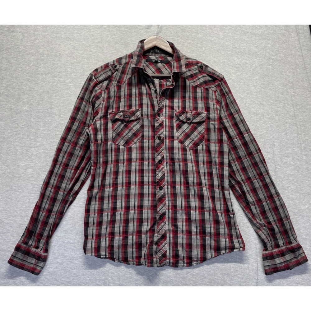 Carbon Shirt Mens L Multicolor Plaid Cotton Slim Fit Shoulder Epaulets Button Up